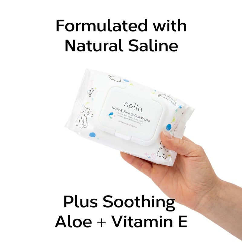 Nolla Nose and Face Wipes for Babies & Kids with Saline, Vitamin E, & Aloe | Unscented | Compostable, 90 Count (3 Packs of 30) - Image 3
